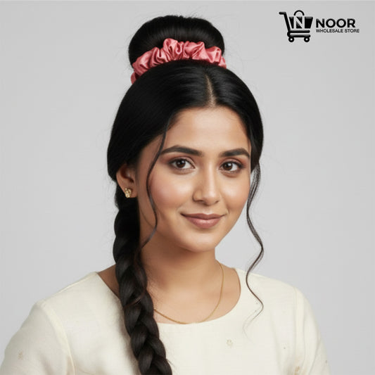 NOOR WHOLESALE STORE Silk Satin Hair Scrunchie for Women & Girls – Soft Elastic Anti-Breakage Hair Band for Ponytail, Bun & Braid (Rose Pink, 1 Piece)