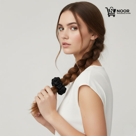 NOOR WHOLESALE STORE Silk Satin Hair Scrunchie for Women & Girls – Soft Elastic Anti-Breakage Hair Band for Ponytail, Bun & Braid (Black, 1 Piece)