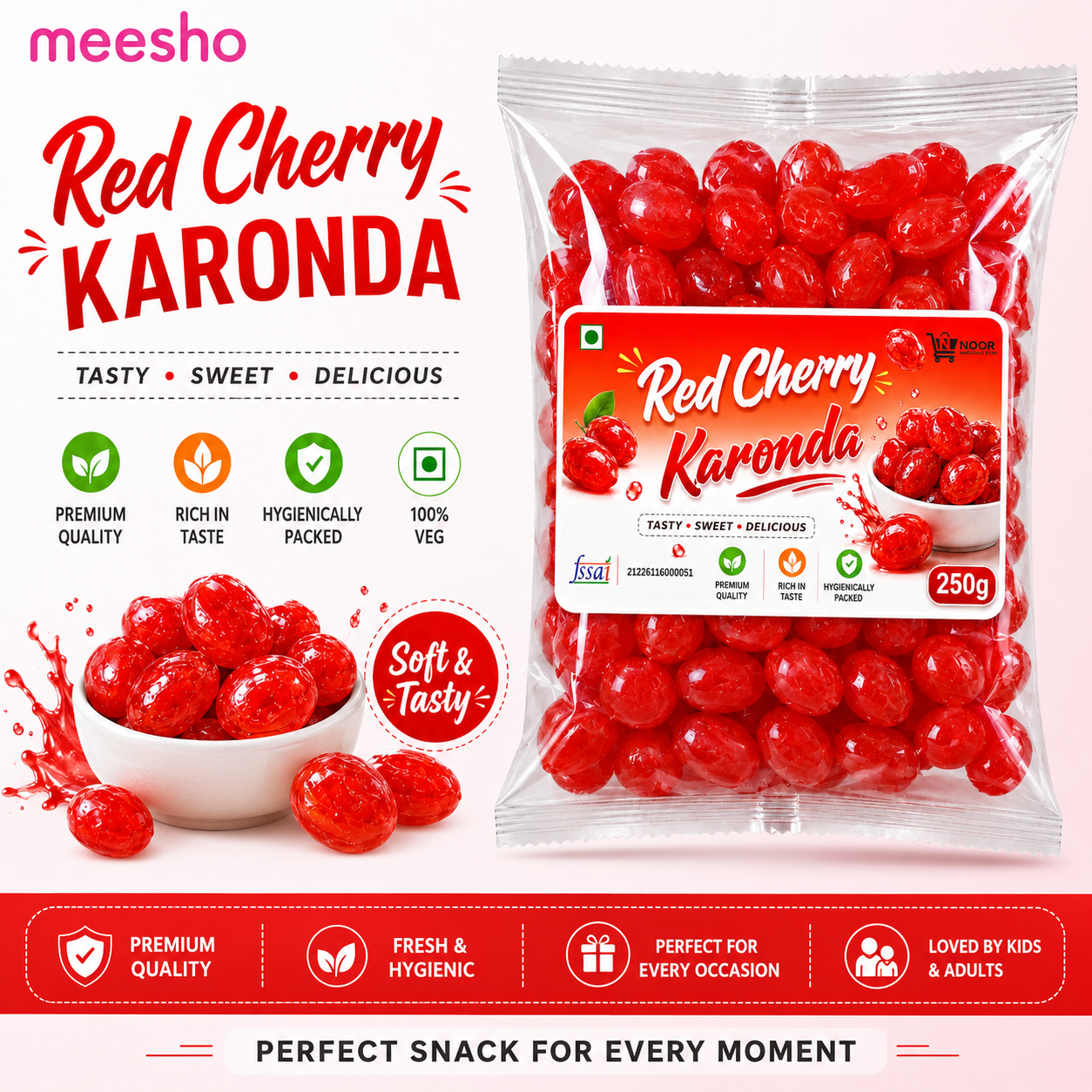 Noor Red Cherry Karonda 250g | Premium Sweet Cherry | Perfect for Cakes, Ice Cream, Desserts & Bakery Use