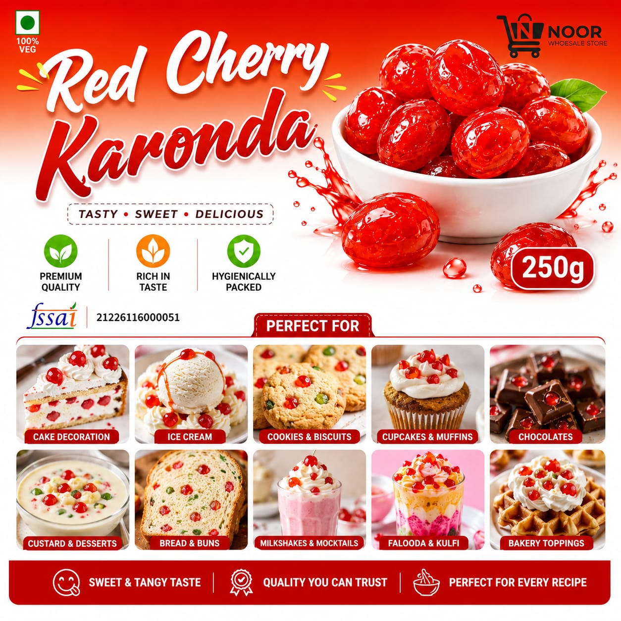 Noor Red Cherry Karonda 250g | Premium Sweet Cherry | Perfect for Cakes, Ice Cream, Desserts & Bakery Use